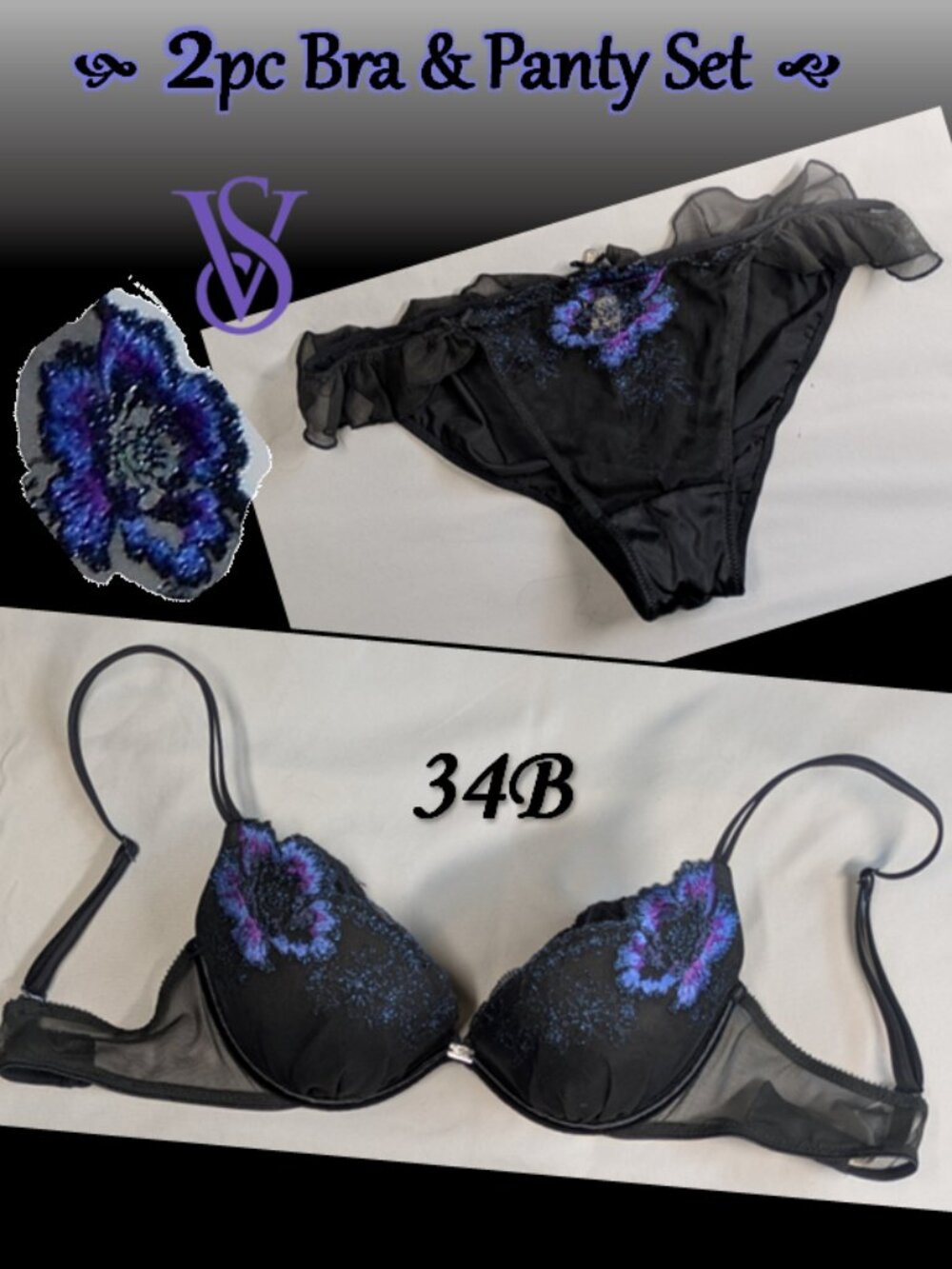 Gorgeous Victoria's Secret Metallic Hibiscus Push-Up Bra & Ruffle Panty